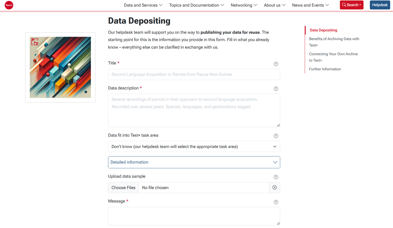 Screenshot des Text+ Data-Depositing-Formulars mit Feldern für Titel, Datenbeschreibung, Aufgabenbereich, Datei-Upload und Nachricht.