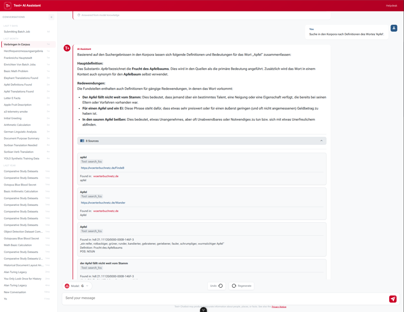 Screenshot des Text+ AI Assistanten mit einer natürlichsprachigen Anfrage, evidenzbasierten Suchergebnissen und Quellenangaben aus den lexikalischen Ressourcen von Text+.